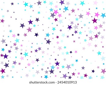 Flying stars confetti holiday vector in cyan blue violet on white. Surprise party decoration. Cute cartoon stars holiday vector. Twinkle starburst astral wallpaper.