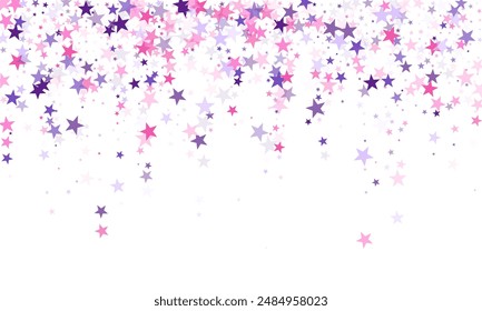 Flying stars confetti holiday vector in pink violet purple on white. Magic sparkles decorative print. Party stars pattern graphic design. Magical starry bright card decoration.