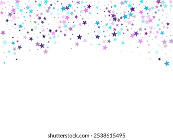 Estrelas voadoras confete vetor feriado em azul ciano violeta no branco. Papel de parede astral de estrela cintilante. Projeto gráfico padrão de estrelas de festa. O design cósmico brilhante e elegante.