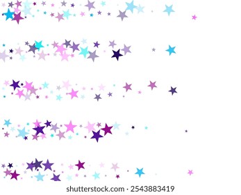 Flying stars confetti holiday vector in cyan blue violet on white. Falling sky sparkle elements. Trendy stars explosion background. Chaotic holiday decor backdrop.