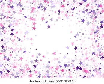 Flying stars confetti holiday vector in pink violet purple on white. Fairytale magic card backdrop. Cool flying stars scatter background. Salute celebration elements isolated.