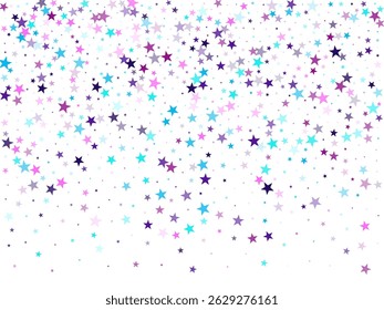 Flying stars confetti holiday vector in cyan blue violet on white. Magical starry bright card decoration. Cute cartoon stars holiday vector. Magic sparkles decorative print.