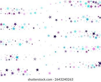 Estrelas voadoras confete vetor feriado em azul ciano violeta no branco. Papel de parede astral de estrela cintilante. Projeto gráfico padrão de estrelas de festa. Ano novo festivo brilhos design.