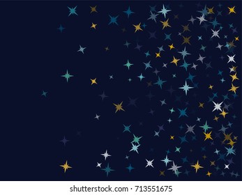 Flying stars confetti magic christmas vector on dark blue, premium sparkles stardust background pattern. Holiday party decor, Christmas stars background vector print, flying sparkles festive confetti.