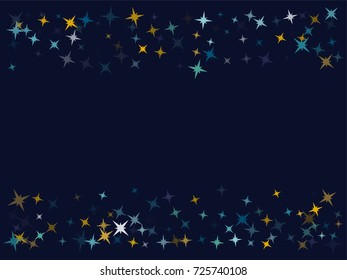 Flying stars confetti magic christmas vector frame on dark blue, sparkles border stardust background. Holiday party decoration, Christmas stars background vector, flying sparkles festive confetti.