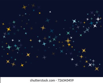 Flying stars confetti magic christmas vector on dark blue, premium sparkles stardust background pattern. Holiday party decoration, Christmas stars background vector print, flying sparkles confetti.