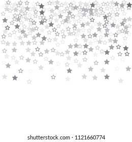 flying stars confetti vector background, silver christmas lights falling. magic shining Flying stars glitter cosmic backdrop, sparkle vector border. glow tinsel frame