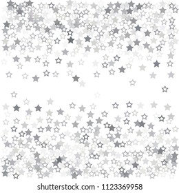 flying stars confetti vector background, silver christmas lights falling. magic shining Flying stars glitter cosmic backdrop, sparkle vector border. glow tinsel frame