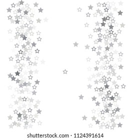 flying stars confetti vector background, silver christmas lights falling. magic shining Flying stars glitter cosmic backdrop, sparkle vector border. glow tinsel frame