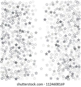 flying stars confetti vector background, silver christmas lights falling. magic shining Flying stars glitter cosmic backdrop, sparkle vector border. glow tinsel frame