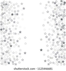 flying stars confetti vector background, silver christmas lights falling. magic shining Flying stars glitter cosmic backdrop, sparkle vector border. glow tinsel frame