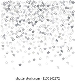 flying stars confetti vector background, silver christmas lights falling. magic shining Flying stars glitter cosmic backdrop, sparkle vector border. glow tinsel frame