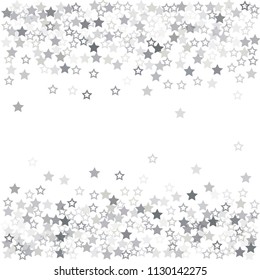 flying stars confetti vector background, silver christmas lights falling. magic shining Flying stars glitter cosmic backdrop, sparkle vector border. glow tinsel frame