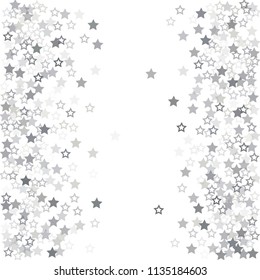 flying stars confetti vector background, silver christmas lights falling. magic shining Flying stars glitter cosmic backdrop, sparkle vector border. glow tinsel frame