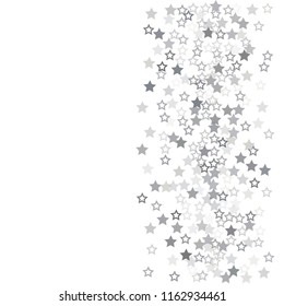 flying stars confetti vector background, silver christmas lights falling. magic shining Flying stars glitter cosmic backdrop, sparkle vector border. glow tinsel frame