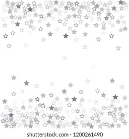 flying stars confetti vector background, silver christmas lights falling. magic shining Flying stars glitter cosmic backdrop, sparkle vector border. glow tinsel frame