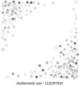 flying stars confetti vector corner background, silver christmas lights falling. magic shining Flying stars glitter cosmic backdrop, sparkle vector border. glow tinsel frame