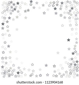 flying stars confetti vector corner background, silver christmas lights falling. magic shining Flying stars glitter cosmic backdrop, sparkle vector border. glow tinsel frame