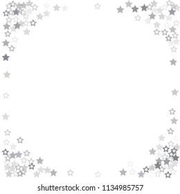 flying stars confetti vector corner background, silver christmas lights falling. magic shining Flying stars glitter cosmic backdrop, sparkle vector border. glow tinsel frame