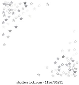 flying stars confetti vector corner background, silver christmas lights falling. magic shining Flying stars glitter cosmic backdrop, sparkle vector border. glow tinsel frame