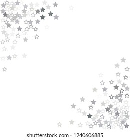 flying stars confetti vector corner background, silver christmas lights falling. magic shining Flying stars glitter cosmic backdrop, sparkle vector border. glow tinsel frame