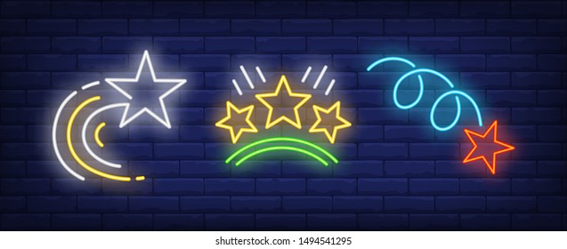 Flying stars and rating neon signs set. Celebration, success, rank design. Night bright neon sign, colorful billboard, light banner. Vector illustration in neon style.