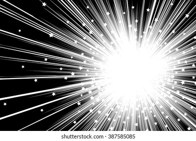 Flying stars Sun ray or star burst element Comic black and white radial lines background Zoom effect Rectangle fight stamp Manga speed graphic texture Superhero frame Explosion vector illustration