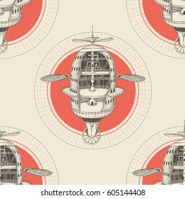 Flying steampunk machine. Seamless pattern