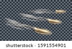 flying steel bullets on the battlefield, close up. Realistic flying bullets with smoke trace isolated. Group of fired bullets in motion, firearms shells vector illustration.
