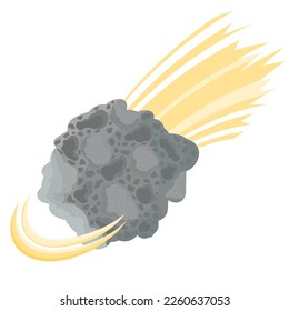 Flying stone comet with yellow tail. Cosmic body. Astronomy. Flying meteorite. Illustration in flat style isolated on white background.