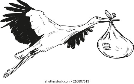 Flying Stork with Baby Bag - isolated on background