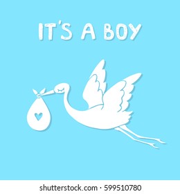 Flying stork with baby. It's a boy. Vector illustration cartoon
