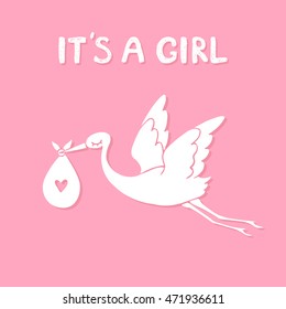 Flying stork with baby girl. It's a girl. Vector illustration.
