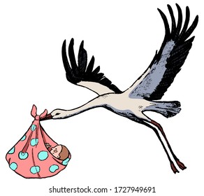 Flying stork with a baby. Sketch of crane with newborn child. Hand drawn vector illustration in vintage style isolated on white. Cute illustration for postcards, decor, design, prints, posters, banner