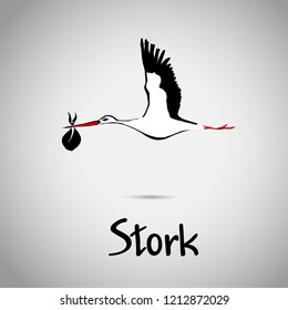Flying stork with baby. Vector