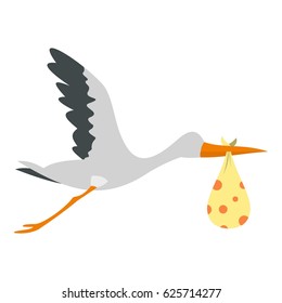Flying stork with a bundle icon flat isolated on white background vector illustration