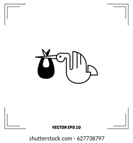 Flying stork with a bundle icon. Flat illustration of flying stork with a bundle vector icon for web on baby blue background