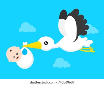 Flying stork with a bundle with little cute smiling baby. Vector modern flat style cartoon character illustration.Isolated on blue background. Stork and newborn concept