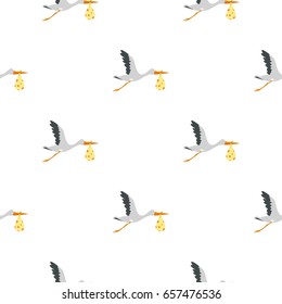 Flying stork with a bundle pattern seamless background in flat style repeat vector illustration