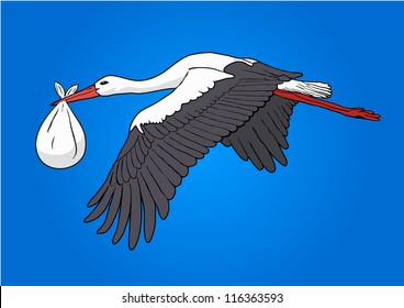 Flying stork with a bundle, vector illustration