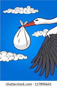 Flying stork with a bundle, vector illustration