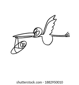 a flying stork carries a baby. Hand-drawn funny cartoon character. Sketch. Vector Doodle illustration