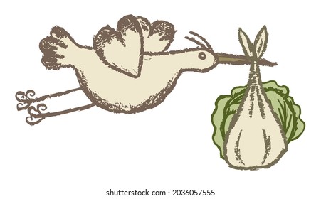 Flying stork carries a bundle with cabbage. Baby birth concept. Vector grunge clipart