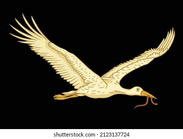 The flying stork carries an eel in its mouth. Vector illustration