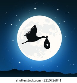 A flying stork carries a newborn baby. Flat, cute, cartoon illustration of stork and baby in its beak. Starry sky, full moon. Congratulations