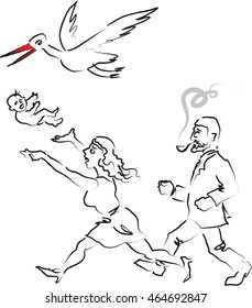 Flying stork carrying the baby to his parents. White background