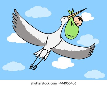 a flying stork carrying a bundle with a newborn baby