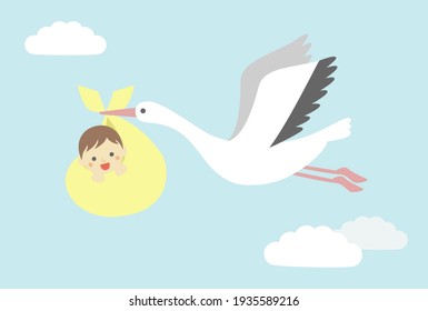 Flying stork carrying a cute baby