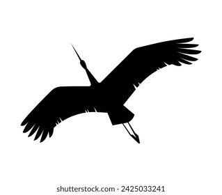 Flying stork or crane bird black silhouette. Big stork with long beak, wings and legs isolated on white background. Wildlife animal bird cartoon icon vector illustration