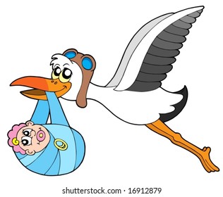 Flying stork delivering baby - vector illustration.